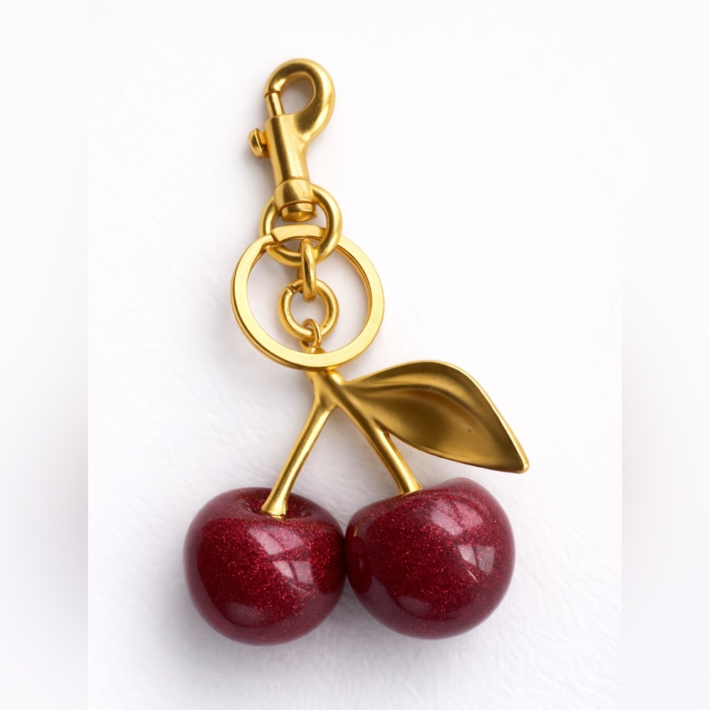 Oversized Matte Cherry Bag Charm – Heavy Gold Tone Statement Keychain